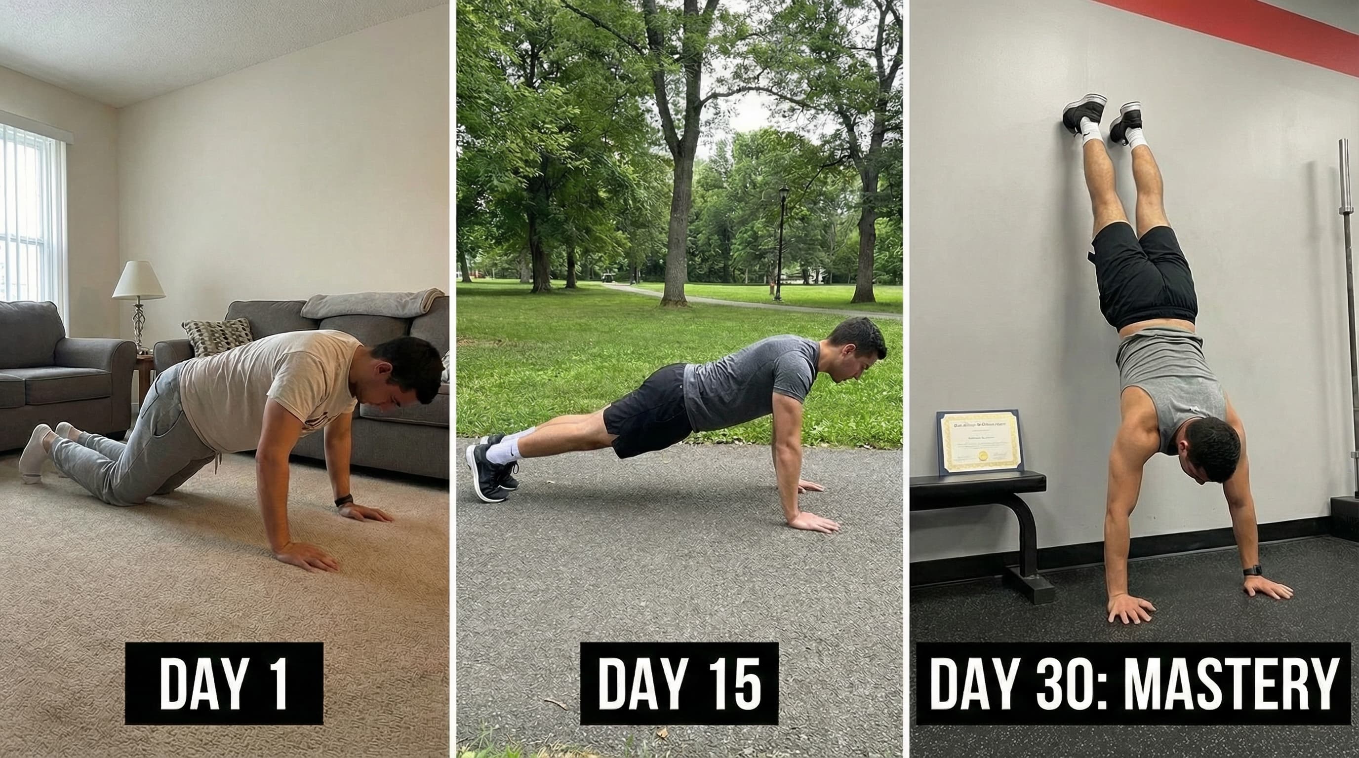 Beginner performing fundamental bodyweight exercises demonstrating the progressive 30-day calisthenics journey from day one to mastery