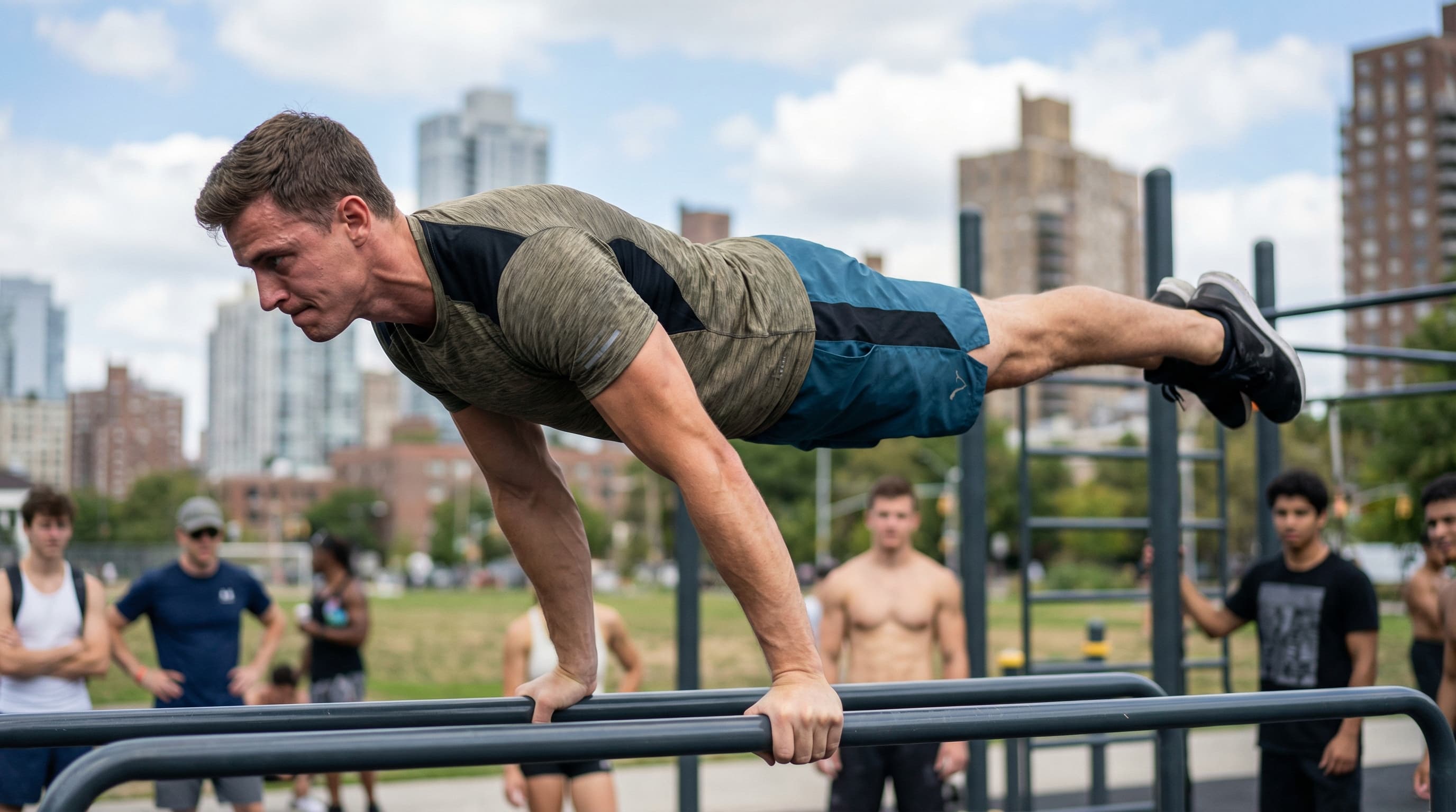 Athlete performing advanced bodyweight exercise demonstrating functional strength, stability, and full-body control in natural movement pattern