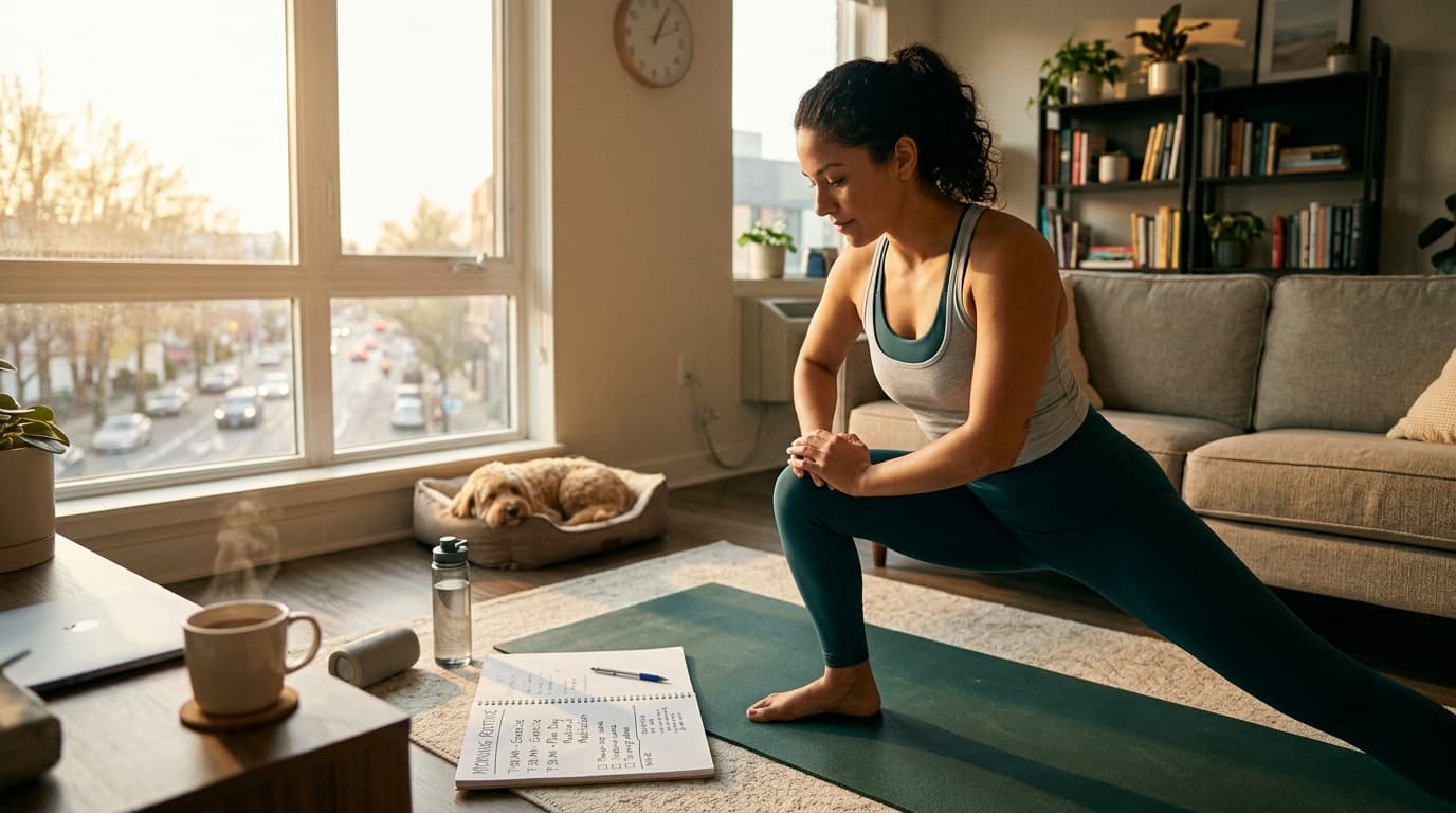 Person establishing morning routine with exercise and planning, symbolizing getting life together