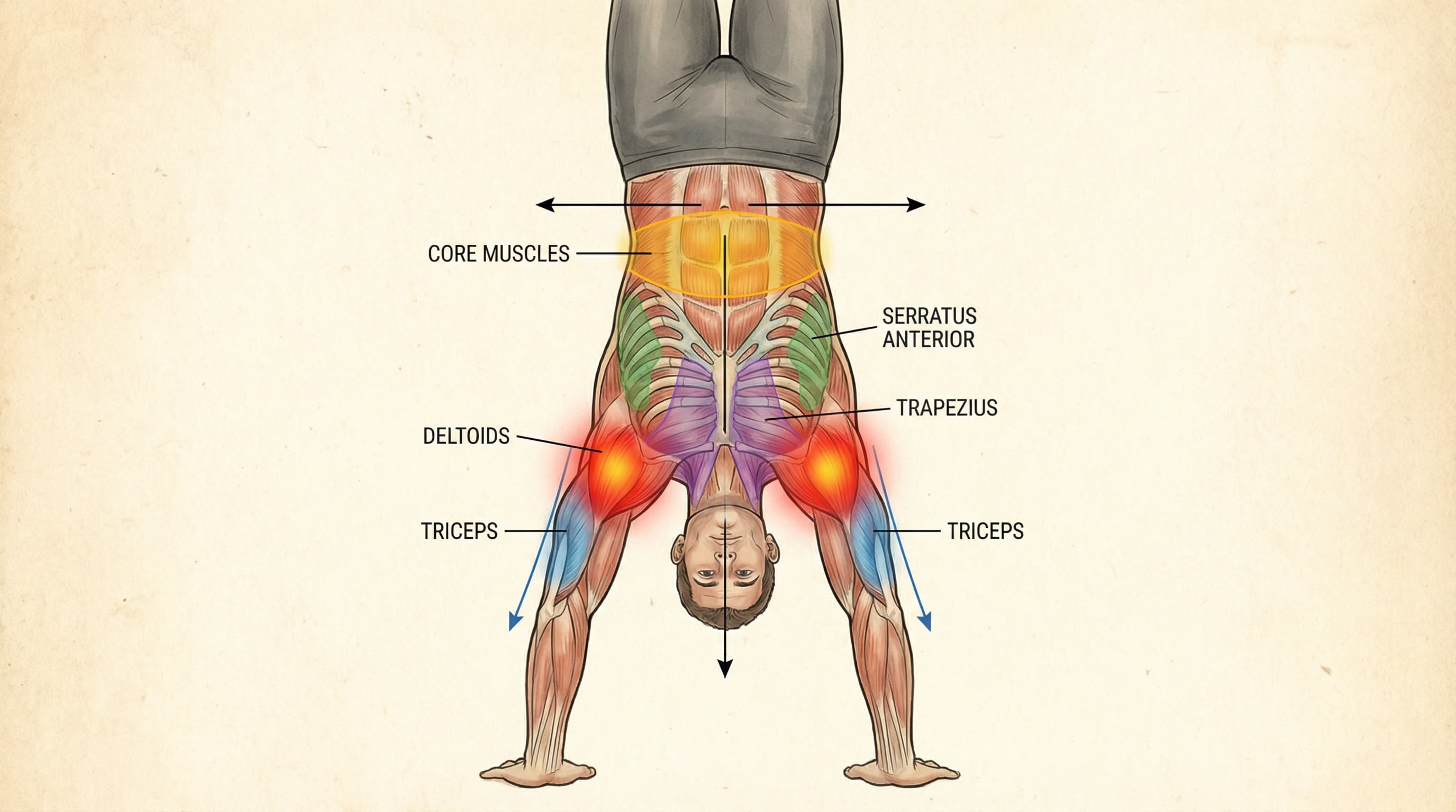 Anatomical diagram showing muscles engaged during a handstand: deltoids, triceps, serratus anterior, trapezius, and core muscles with highlighted activation zones