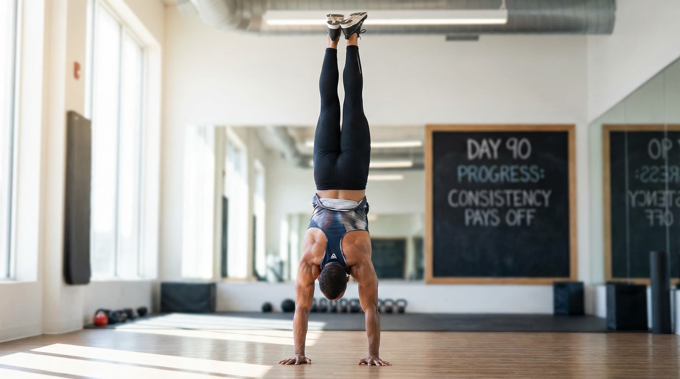 Athlete holding a freestanding handstand with straight body alignment, demonstrating the result of 90 days of progressive handstand training