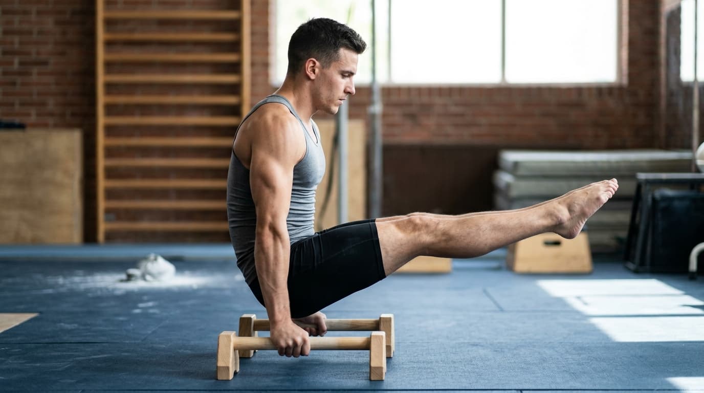 Athlete holding an L-sit position with legs extended parallel to the ground, demonstrating the basic L-sit hold