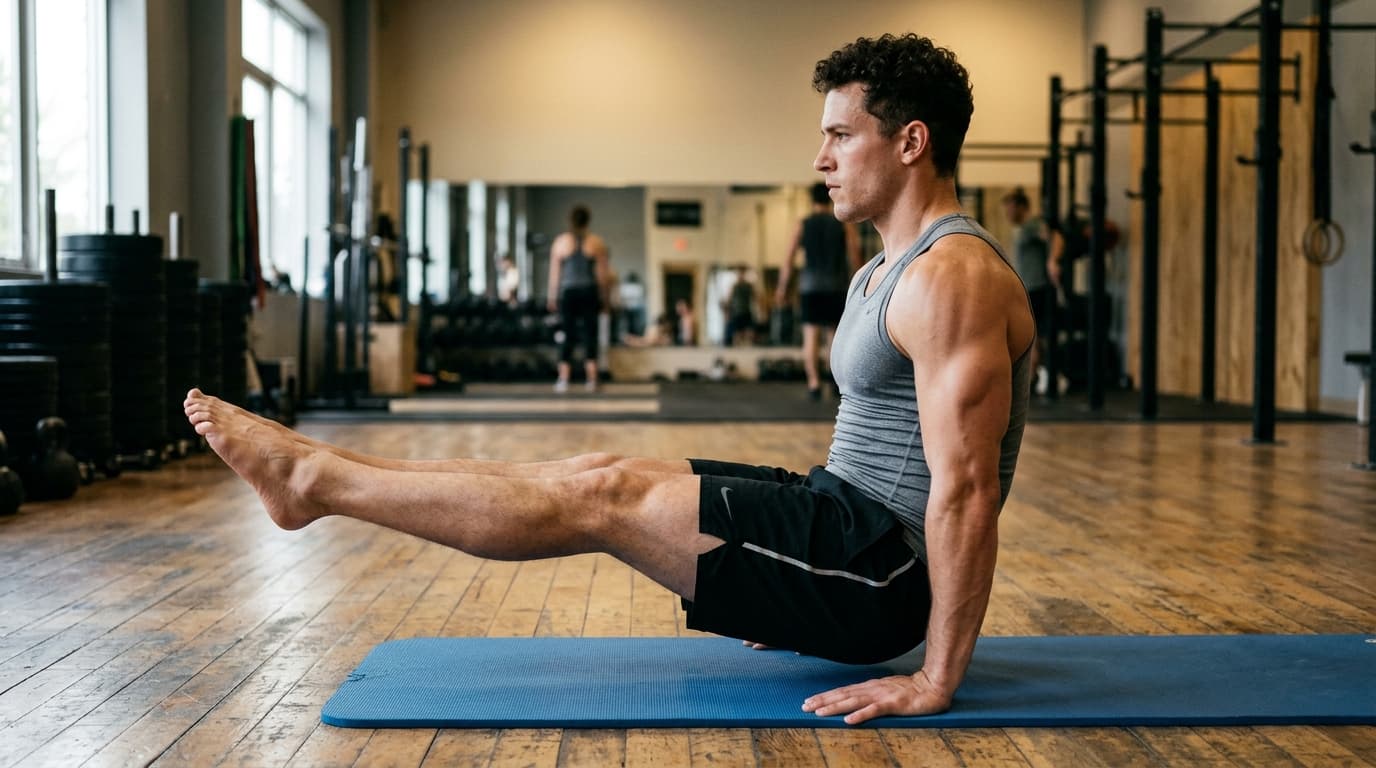 Athlete demonstrating L-sit progression from beginner knee tuck to advanced floor L-sit hold