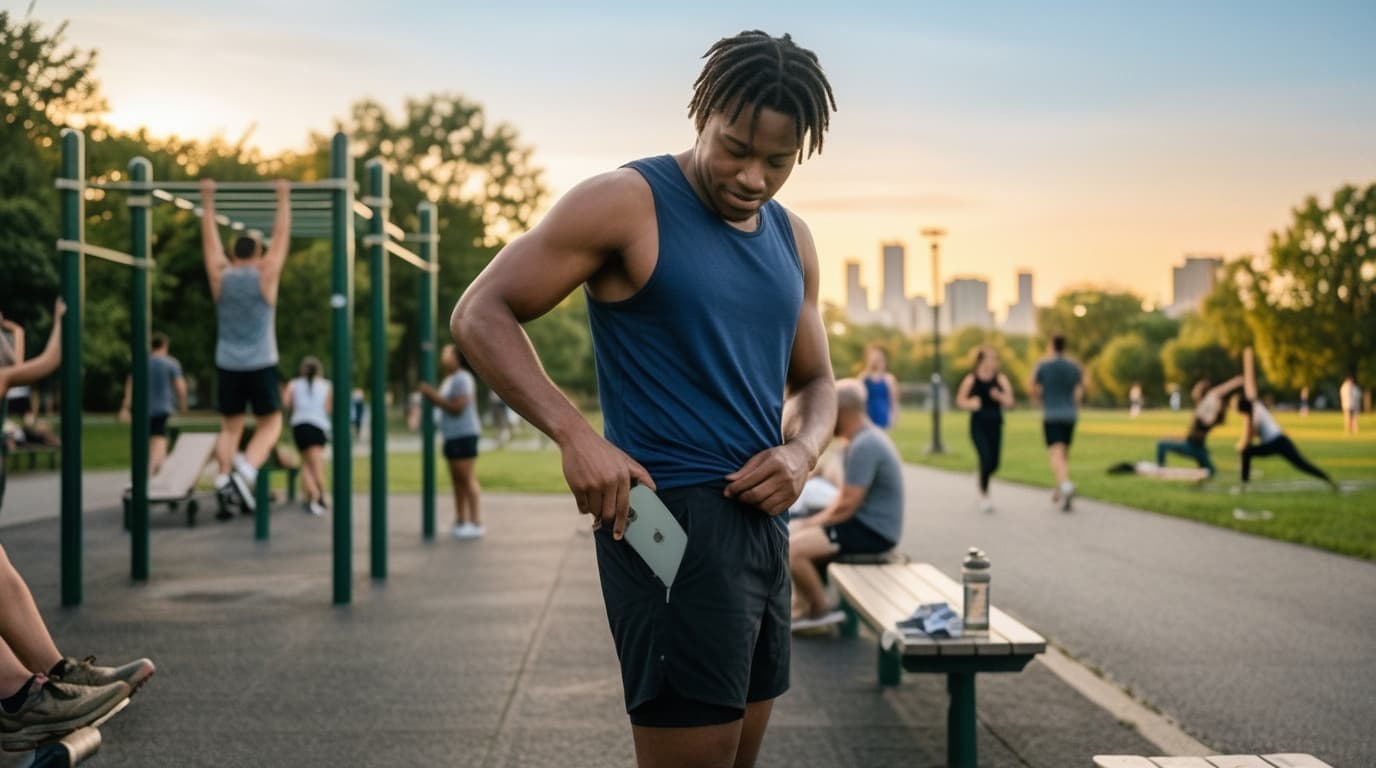 Person putting away smartphone to focus on fitness training and real-world activities