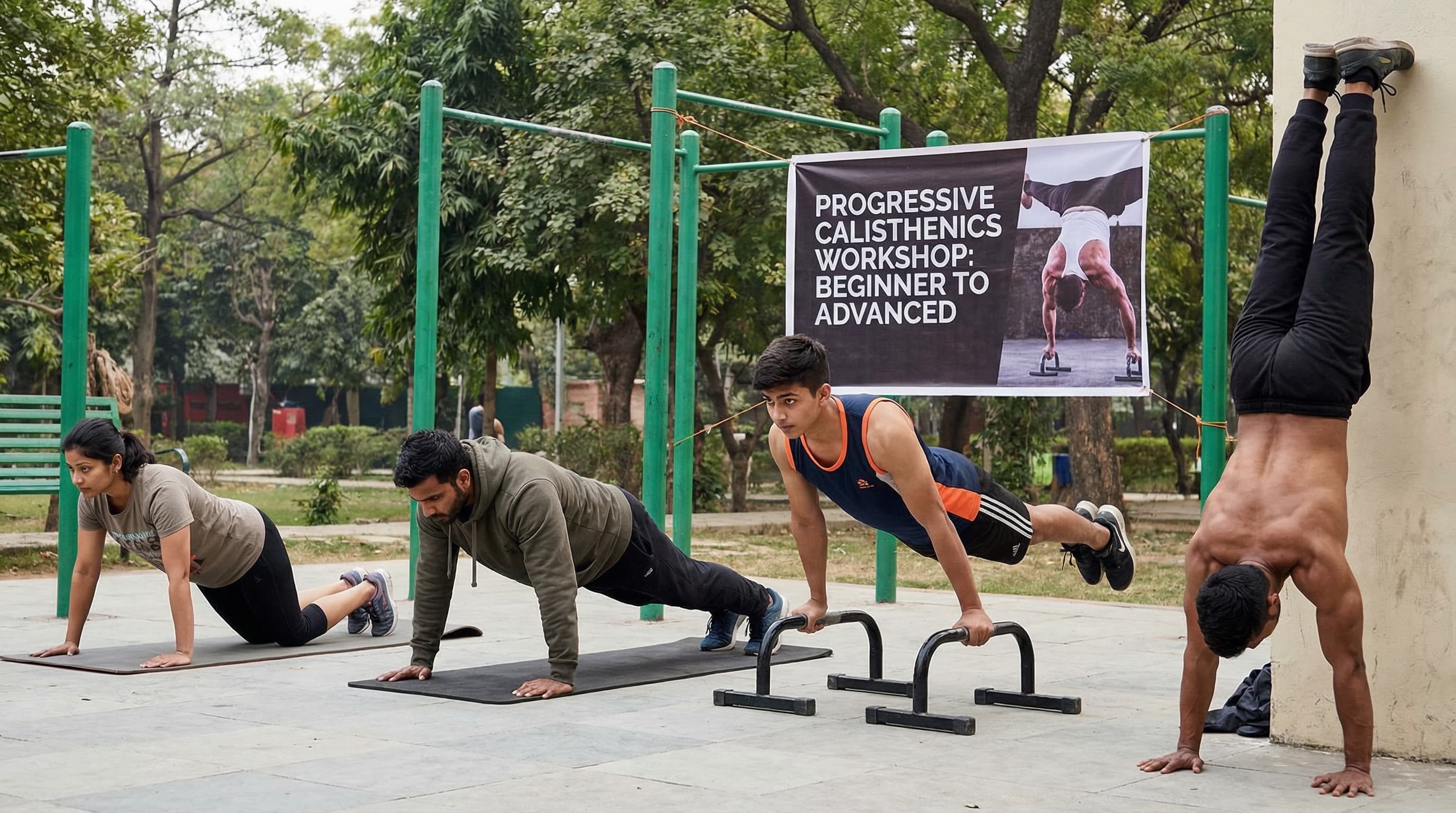 Progressive calisthenics demonstration showing bodyweight exercise variations from beginner to advanced levels
