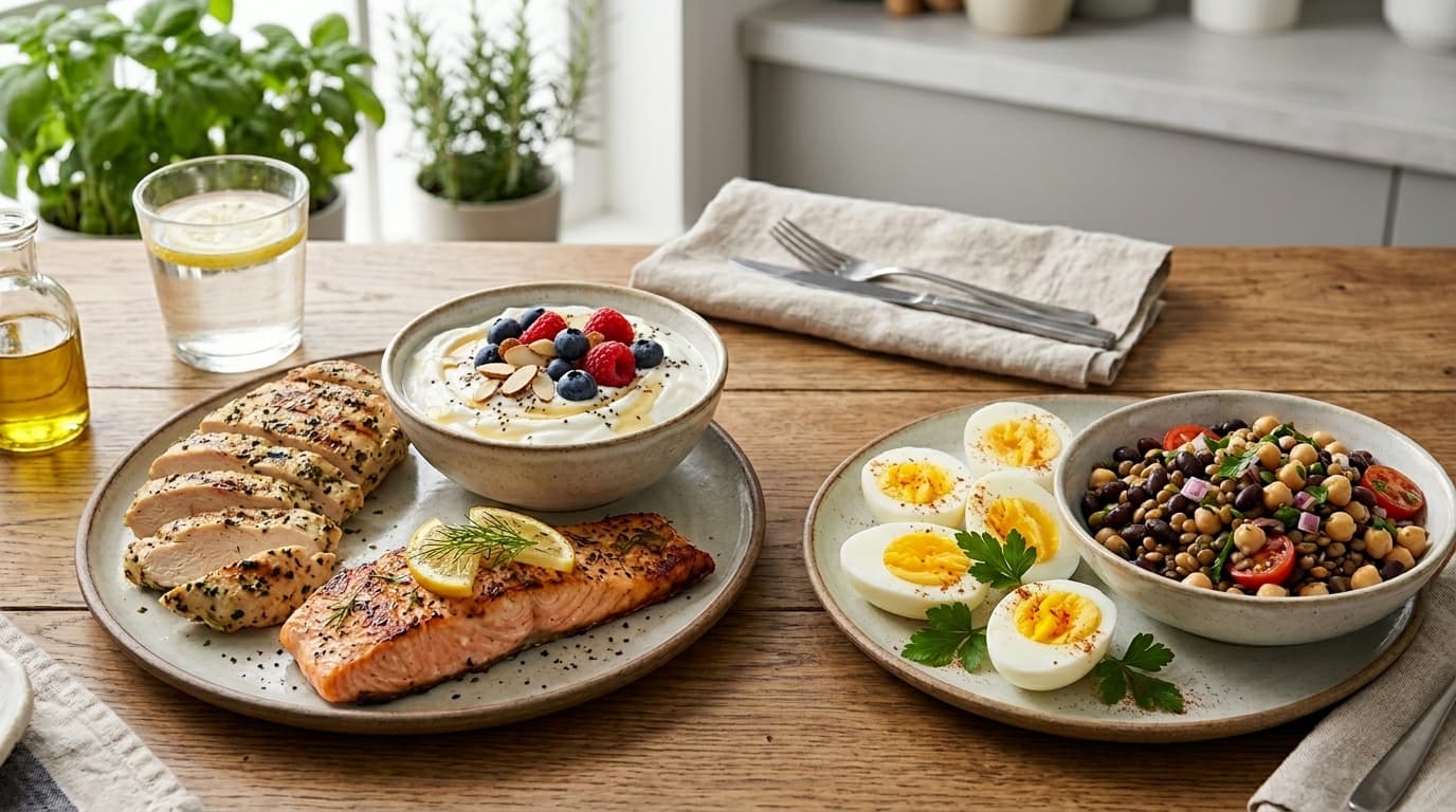 High-protein foods including chicken, eggs, fish, Greek yogurt, and legumes arranged for optimal muscle-building nutrition