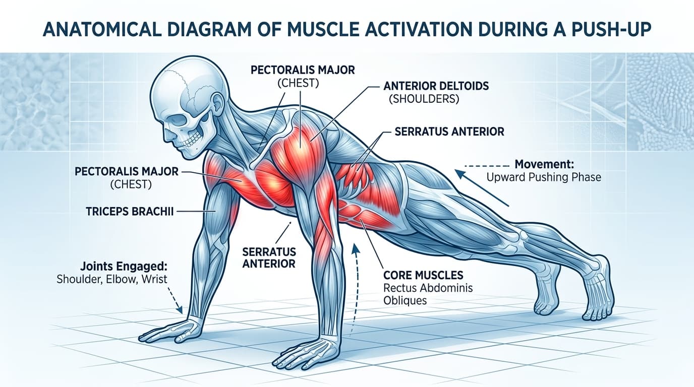Anatomical diagram showing muscles engaged during push-ups: pectoralis major (chest), anterior deltoids (shoulders), triceps, serratus anterior, and core muscles with highlighted activation zones