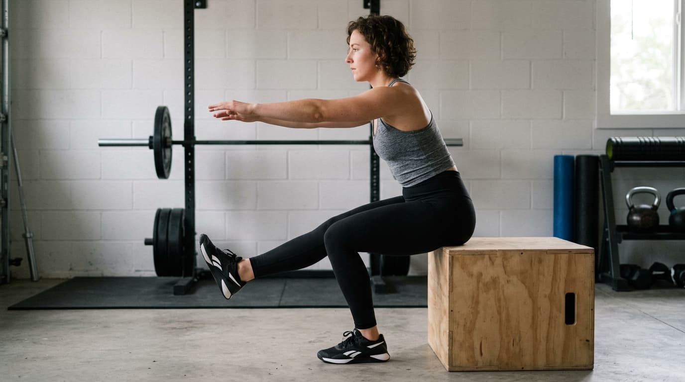 Beginner performing a box-assisted single-leg squat regression, the entry point to the pistol squat progression