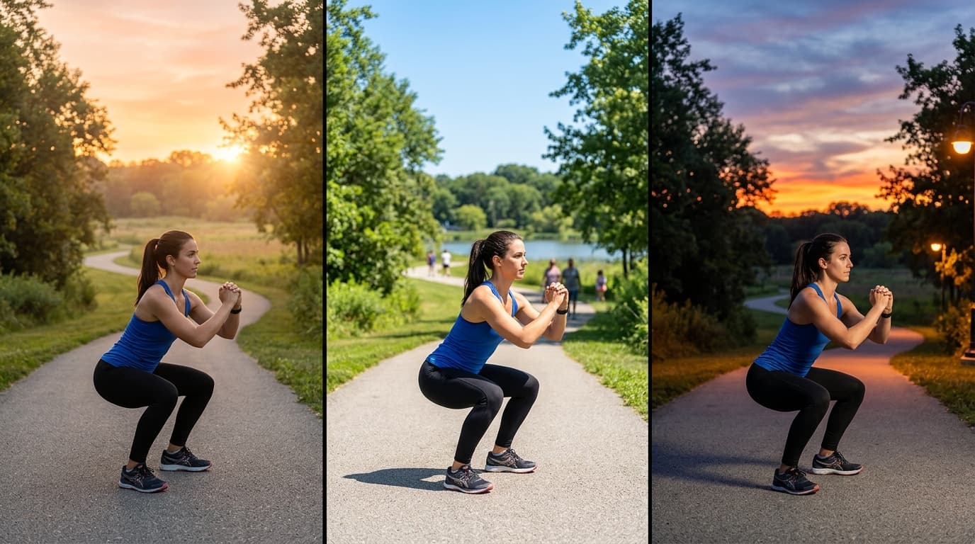 Scientific guide to optimal workout timing throughout the day Comparison of athlete training at different times showing morning, afternoon, and evening workout performance