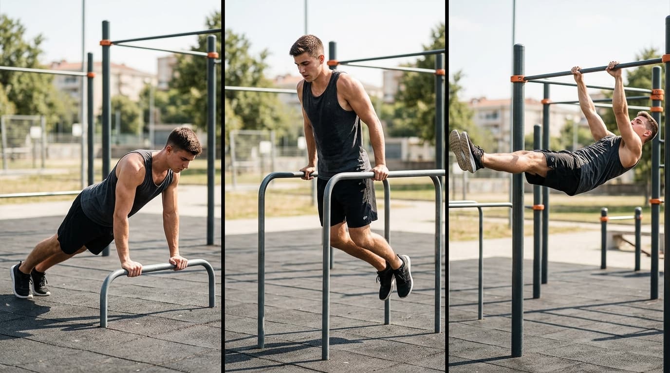 Calisthenics results timeline visualization Realistic calisthenics transformation timeline showing progressive results from beginner to advanced bodyweight training over 12 weeks