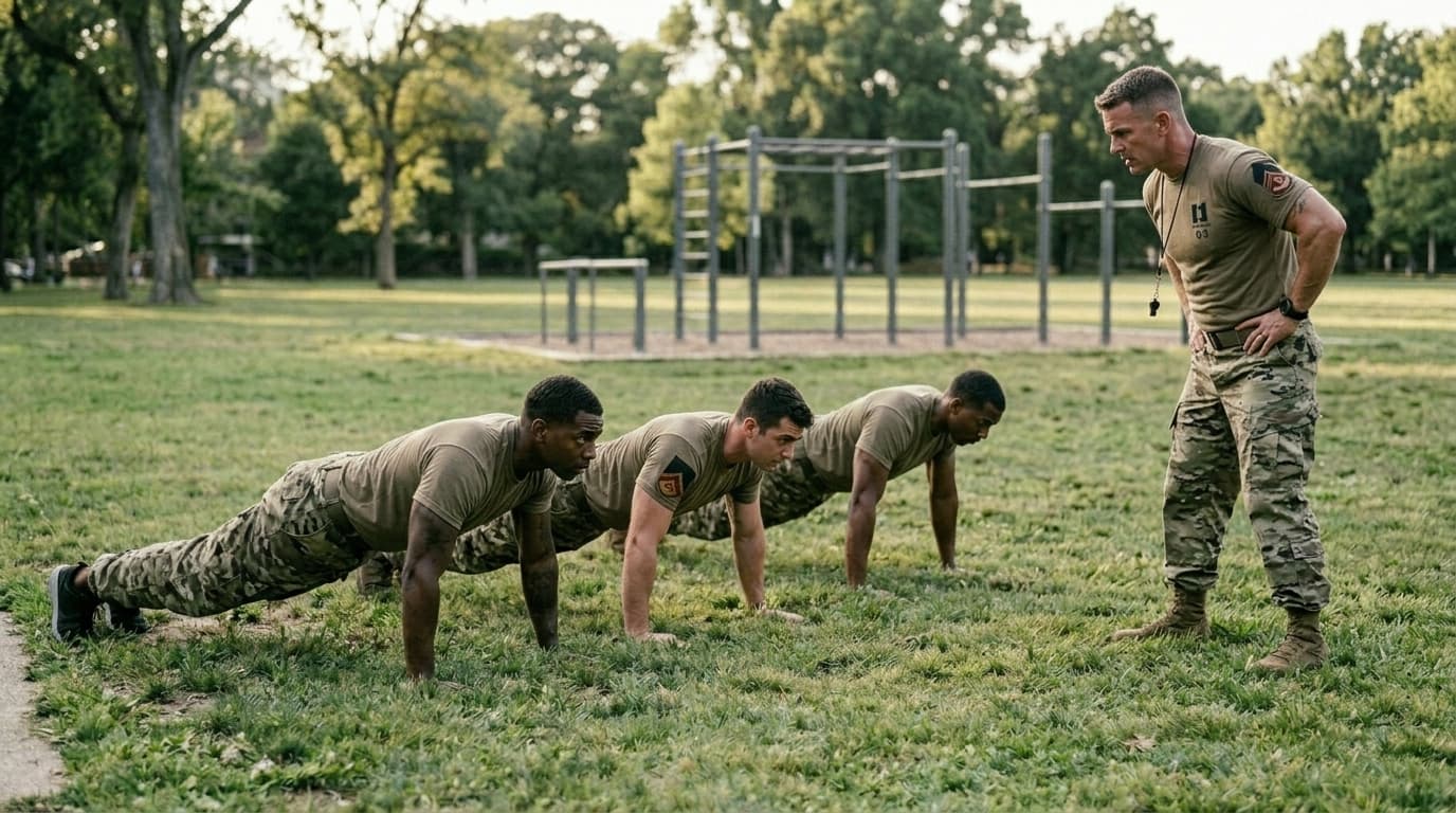 Is military calisthenics legit — the real verdict on apps and programs Person comparing fitness app options on a phone beside a military-style bodyweight calisthenics workout