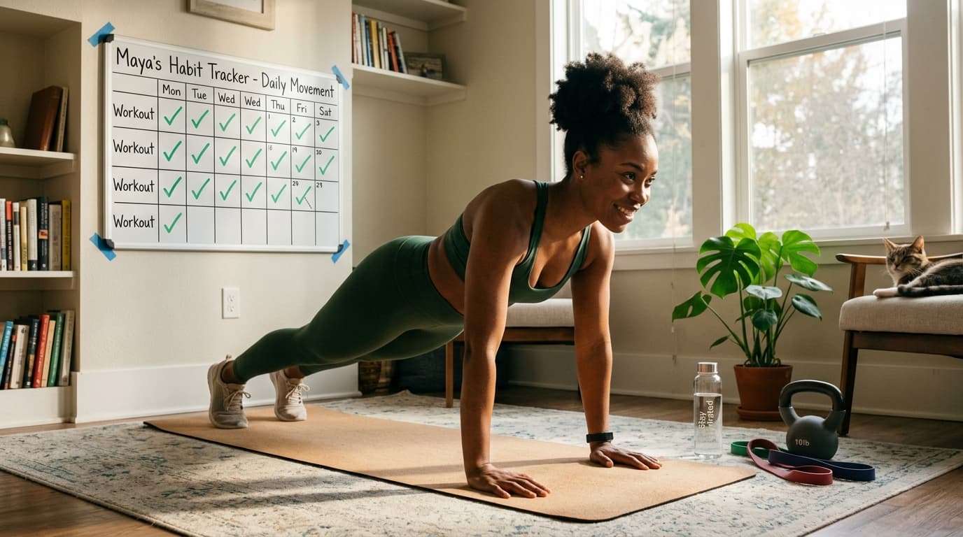 Science-backed strategies for building lasting workout habits Person building sustainable workout habit at home with consistent daily training routine